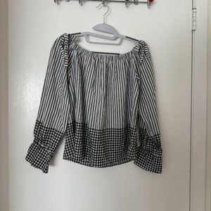 Express Striped and Gingham Off the Shoulder Blouse- NEW WITHOUT TAG
